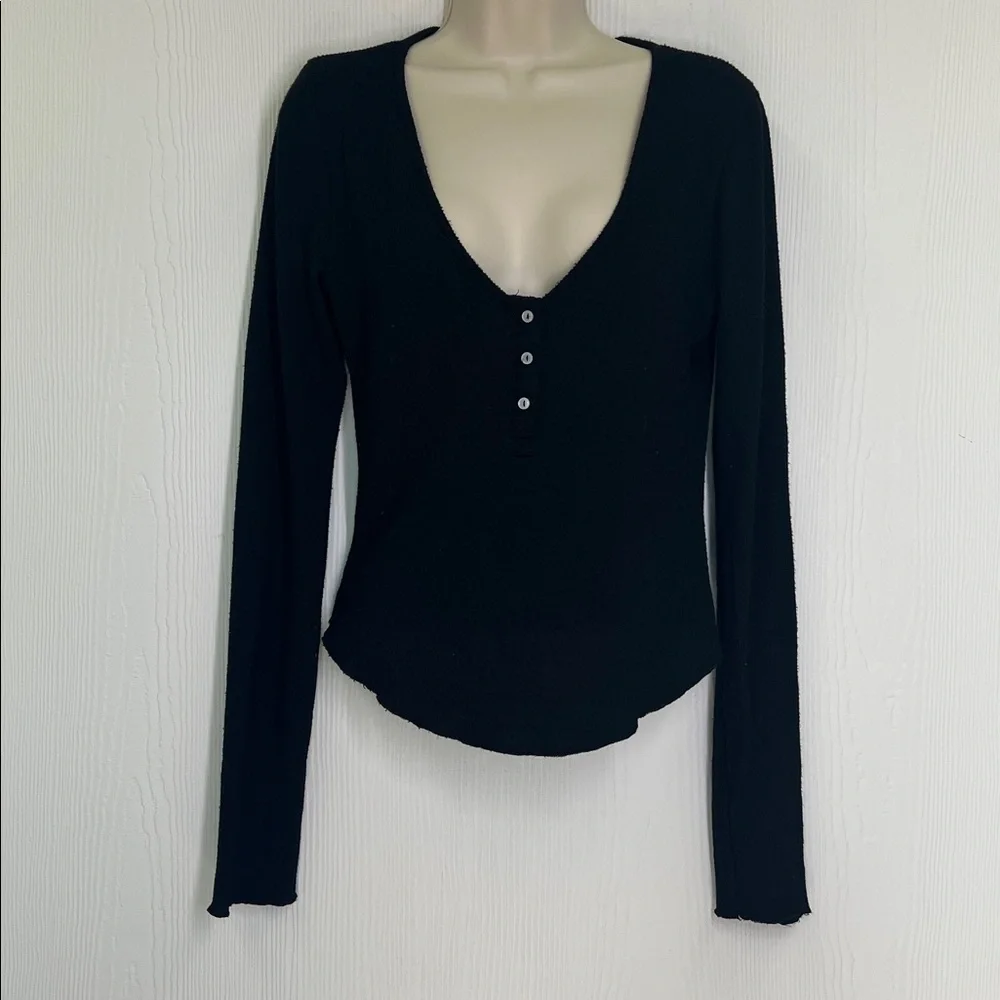 Free People - Intimately Keep It Basic Black Ribbed Soft Henley Blouse Small - Picture 6 of 10